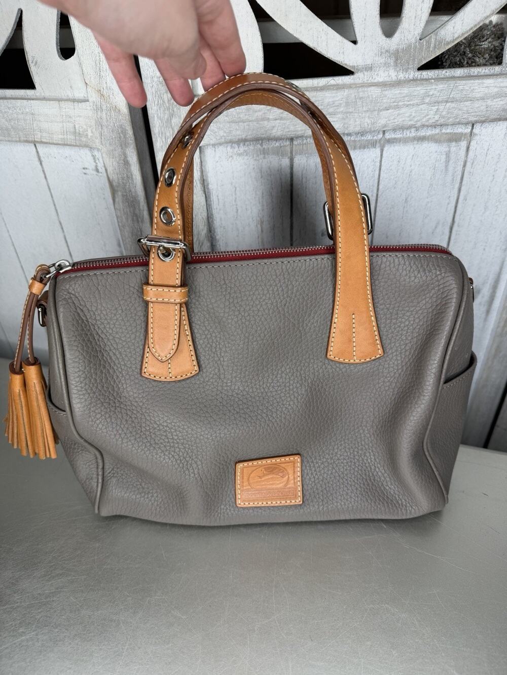 Dooney & Bourke Taupe Tan Top Handle Kendra Satchel Handle Tassel Accent